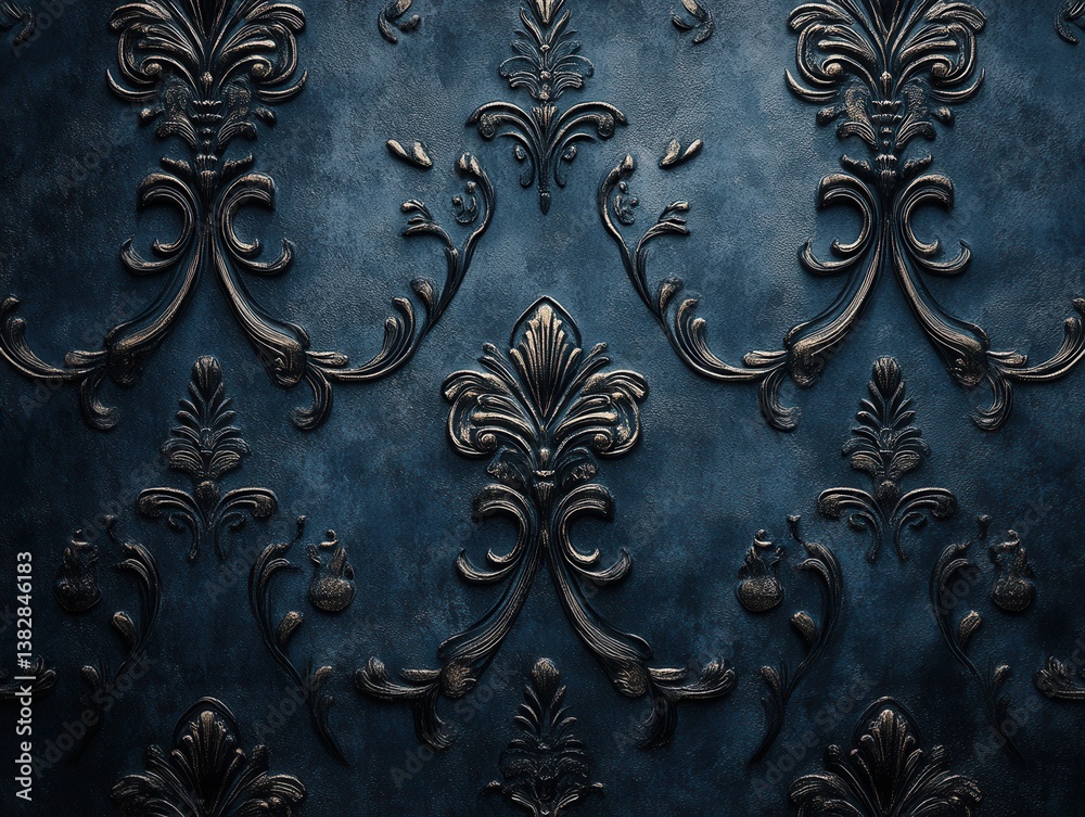 Elegant baroque pattern on textured blue background with intricate floral ornaments and vintage style for luxurious designs