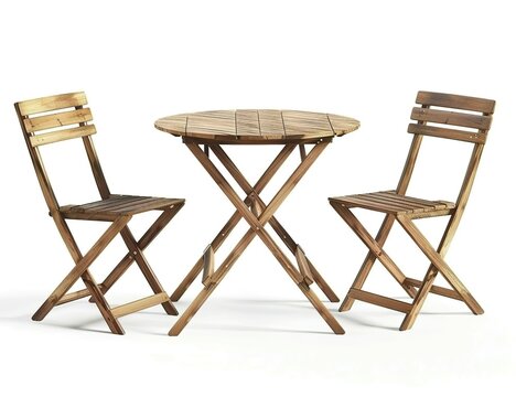 Digital rendering of an outdoor wooden table and chairs set, isolated on a white background. The