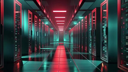 Poster - Rows of illuminated server cabinets create a striking visual in a cutting-edge data center, with vibrant neon lights casting a unique glow across the space.