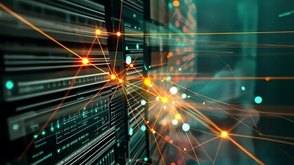 Poster - A high-tech data center features extensive server racks, glowing light trails, and vibrant digital connections, illustrating cutting-edge technology in a networked environment.