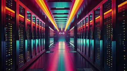 Poster - A vibrant server room featuring rows of dark cabinets filled with blinking servers, illuminated by striking neon lights in various colors, showcasing modern technology.