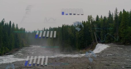 Poster - Data visualization animation over river and forest landscape with waterfall