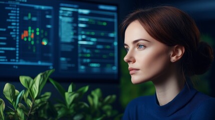 Poster - Professional Woman Working in a Modern Tech Office Surrounded by Greenery and Data Screens