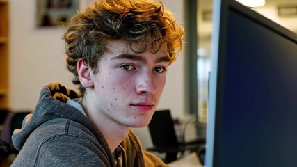 Poster - A teenager with curly hair sits attentively at a desk in a bright classroom, concentrating on the computer screen in front of him while working on assignments.