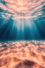 Poster - Underwater Sunlight Beams Through Clear Turquoise Water Illuminating Sandy Seabed in a Tropical Ocean Paradise with Serene and Tranquil Mood