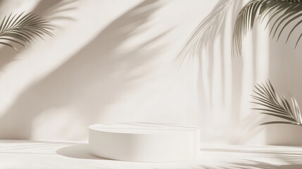 Aufkleber - A luxurious beauty background featuring a clean white podium, soft dappled sunlight, and artistic palm leaf shadows.