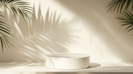 Aufkleber - A luxurious beauty background featuring a clean white podium, soft dappled sunlight, and artistic palm leaf shadows.