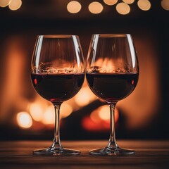 Poster - Two Elegant Wine Glasses Filled with Rich Red Wine Set Against a Warm Fireplace Background for a Cozy Evening