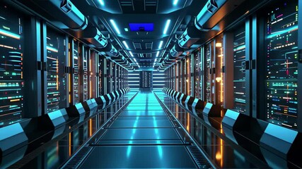 Poster - A long corridor showcases an advanced technological environment with glowing server racks on either side. Blue and orange lights create a vibrant atmosphere in the facility at night.