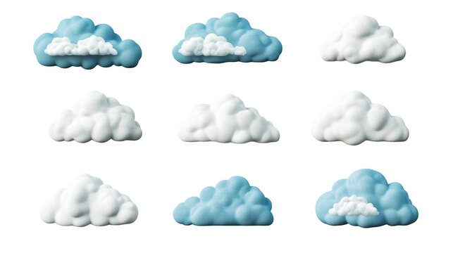 Set of fluffy clouds of different colors and shapes, cut out transparent
