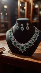 Poster - Elegant emerald and diamond necklace and earring set displayed on a jewelry bust in a classic setting showcasing luxury and timeless beauty