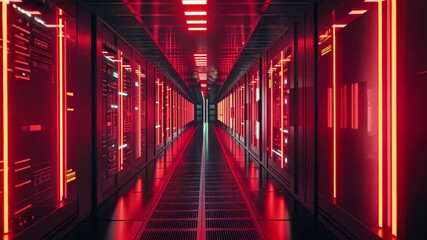 Poster - A long, narrow corridor in a modern data center features bright red lighting and illuminated technology panels, creating an immersive and high-tech atmosphere.