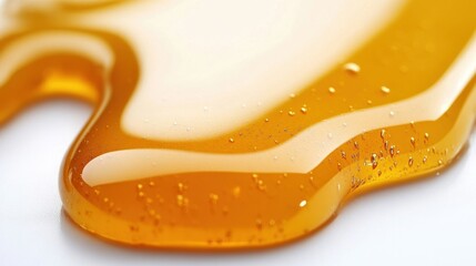 Poster - Golden honey drop on white surface macro shot showcasing natural sweetness and viscous texture creating a delicious and healthy food concept for culinary use