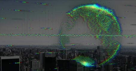 Poster - Digital globe animation over cityscape with glitch effects and data streams
