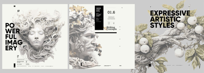 Poster - ancient greek painting and sculpture. antique bust, branches with foliage and vines. typography post