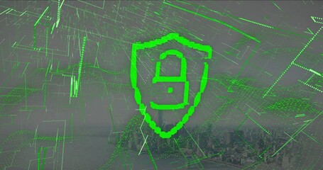 Poster - Green digital lock and shield animation over cityscape with network connections