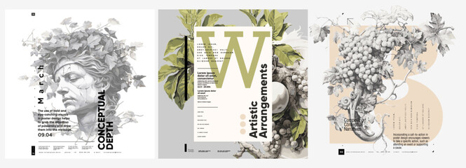 Poster - ancient greek painting and sculpture. antique bust, branches with foliage and vines. typography post