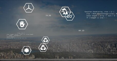 Poster - Cityscape with environmental data icons and coding animation overlaying buildings
