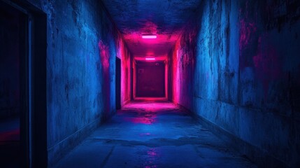 Poster - Eerie Abandoned Hallway Illuminated by Neon Lights Creating a Mysterious and Atmospheric Mood with Deep Shadows and Vibrant Colors