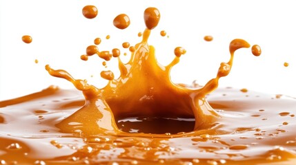 Poster - dynamic splash of golden caramel liquid on white backdrop creating a captivating moment of fluid mot