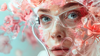 Aufkleber - Scientist woman in futuristic transparent helmet surrounded by blossoms in a portrait