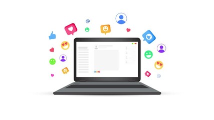 Poster - Social Media attention economy concept with colorful floating infographics around the laptop, 4k animation.