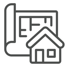 Poster - Building layout paper and house line icon, architect studio concept. Vector graphics. Project plan of cottage house sign on white background, outline style icon for mobile or web design.