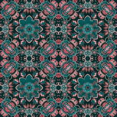 Wall Mural - amazingly beautiful floral pattern in ethnic style. seamless pattern in transformative teal and beig