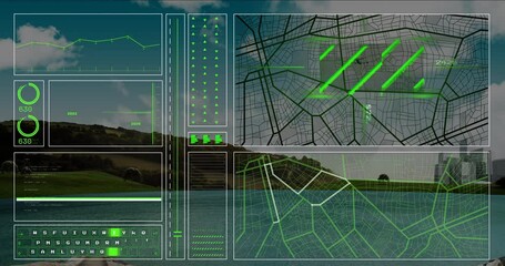 Poster - Displaying animation of geographic maps, data analytics over landscape background