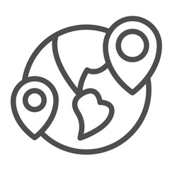Fototapete - Planet earth with two location pins line icon, remote work concept. Vector graphics. World globe and locations, travel sign on white background, outline style icon for mobile or web design.