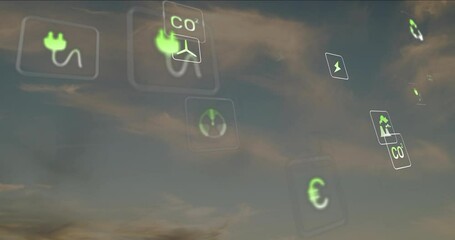 Poster - Floating eco-friendly icons in animation, representing sustainability and renewable energy