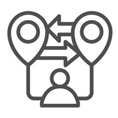 Poster - User with map distance line icon, remote work concept. Vector graphics. Location pins, arrows and user sign on white background, outline style icon for mobile or web design.