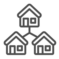 Poster - Network with three houses line icon, remote work concept. Vector graphics. Display and cottage building, local network sign on white background, outline style icon for mobile or web design.