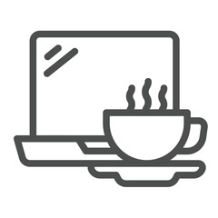 Fototapete - Coffee cup and laptop computer line icon, remote work concept. Vector graphics. Drink, coffee break sign on white background, outline style icon for mobile or web design.