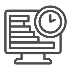 Fototapete - Monitor screen with chart and clock line icon, remote work concept. Vector graphics. Marketer tasks schedule, display sign on white background, outline style icon for mobile or web design.