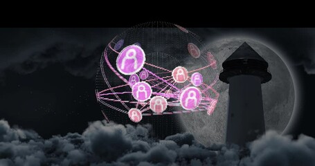 Poster - network of connections and data processing animation over lighthouse and moon
