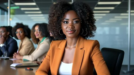 Poster - A group of professionals engages in a business meeting, with one woman in the foreground demonstrating focus and confidence while others participate actively.