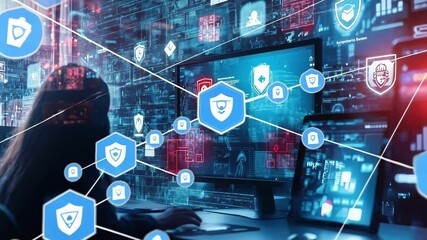 Poster - A virtual learning environment showcased on a computer screen with a group video call of diverse students participating in a cyber safety workshop adorned with digital certificates