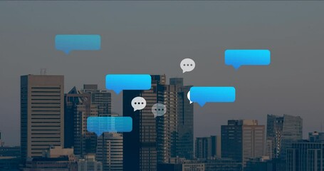 Poster - Blue chat bubbles and ellipses animation over city skyline background