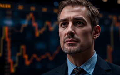Leinwandbilder - A man in a suit gazes upwards thoughtfully against a backdrop of stock market charts, suggesting a serious and financial business environment.