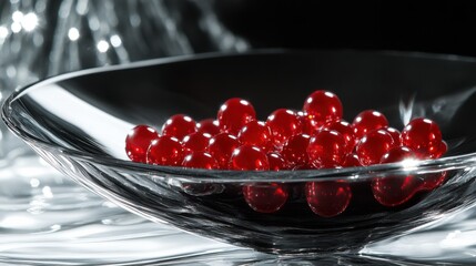 Poster - Elegant Red Spheres in a Clear Glass Bowl on a Silver Background Reflecting Light and Creating a Modern Aesthetic