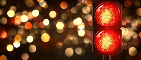 Poster - Vibrant red traffic light glows against a bokeh background creating a sense of urgency and caution at night illuminating the urban landscape with a modern style