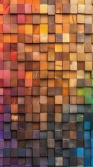 Poster - Vibrant Mosaic of Wooden Cubes in Warm and Cool Tones Creates a Textured and Colorful Background for Design and Decoration