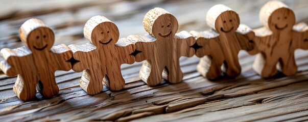 Poster - Wooden figures stand in a row on a weathered wooden surface, holding hands and smiling