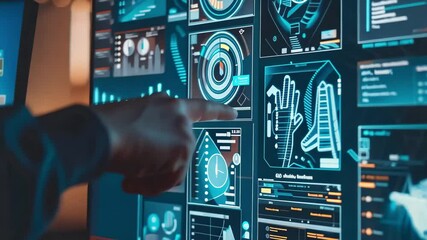 Poster - An individual engages with intricate digital graphs and maps displayed on a sleek monitor in a modern workspace, indicating an important data point.