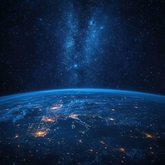 Poster - Stunning aerial view of Earth at night with city lights illuminating the darkness and a starry sky above creating a sense of wonder and vastness