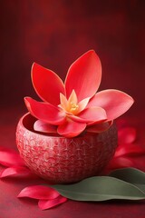 Poster - Elegant red flower in textured pot on matching backdrop captures floral beauty in studio setting