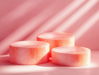 Poster - Elegant peach marble podiums against a soft pink backdrop bathed in gentle sunlight creating a serene and inviting atmosphere for product showcase