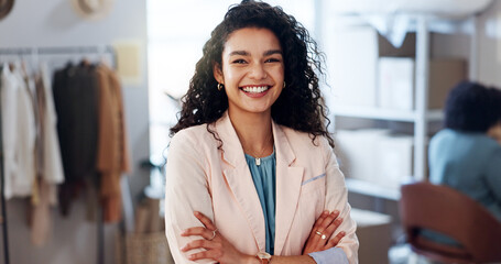 Poster - Portrait, business and woman with arms crossed, fashion company and designer with supply chain. Face, happy person or entrepreneur in workplace, commerce and logistics with distribution or confidence