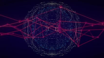Poster - animation of digital network sphere with red lines and binary code overlay